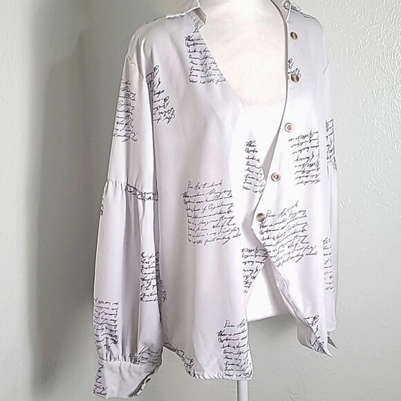 White Cardigan Longsleeve Blouse with Script Lettering, Button Accents, Size XL - Picture 3 of 13